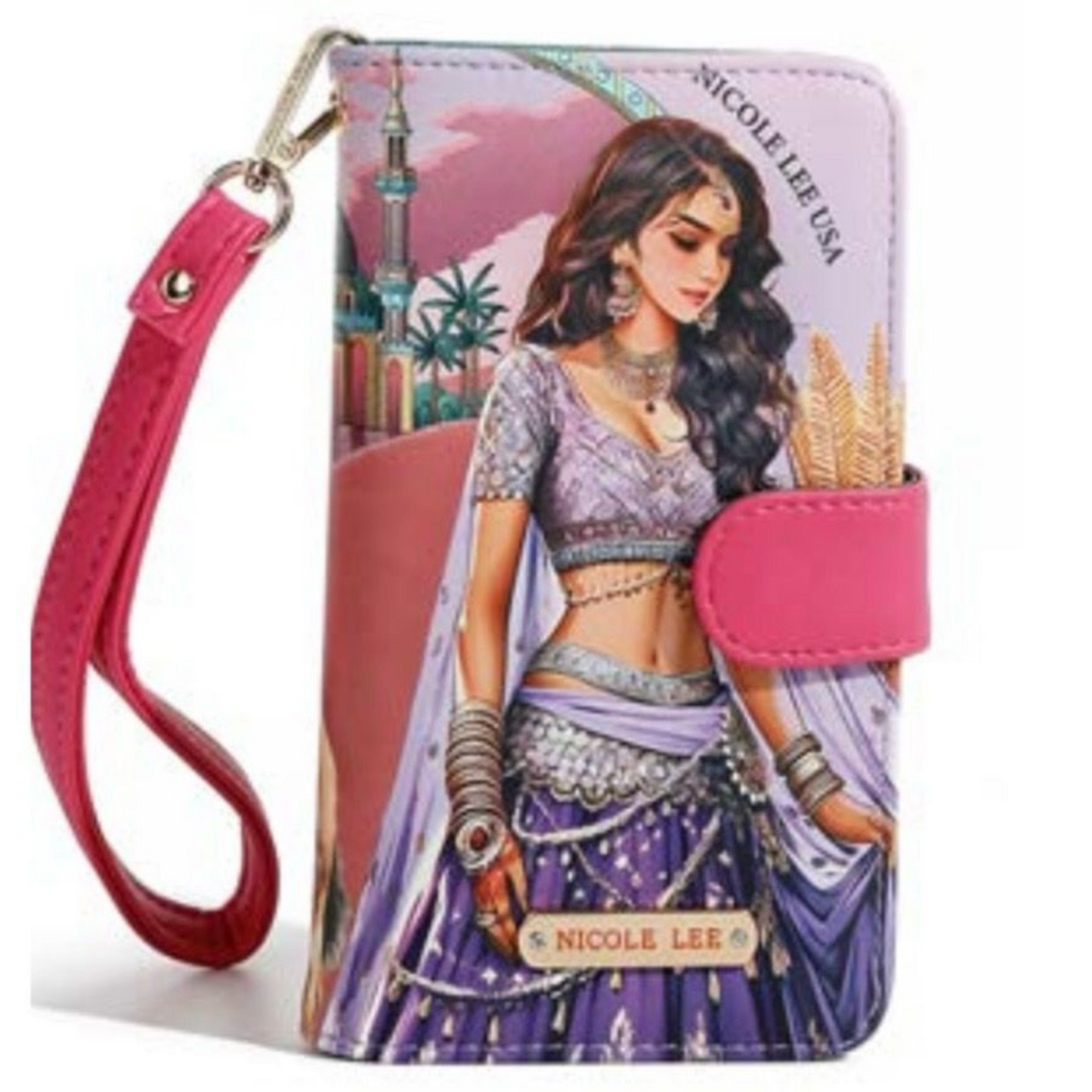 Funda para celular Nicole Lee con diseño artístico de Cleopatra moderna, vestida en tonos púrpura, con cierre magnético y correa rosa desmontable.