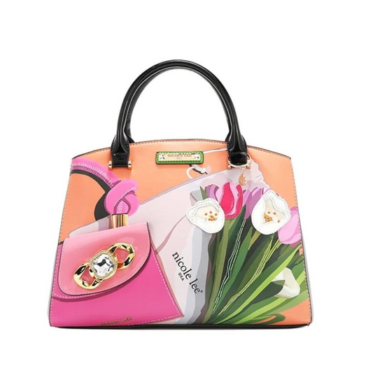 Bolso de hombro elegante con apliques florales de tulipanes, pedrería artesanal, cadena dorada y diseño estructurado en tonos primaverales, ideal para outfits femeninos de día y noche.