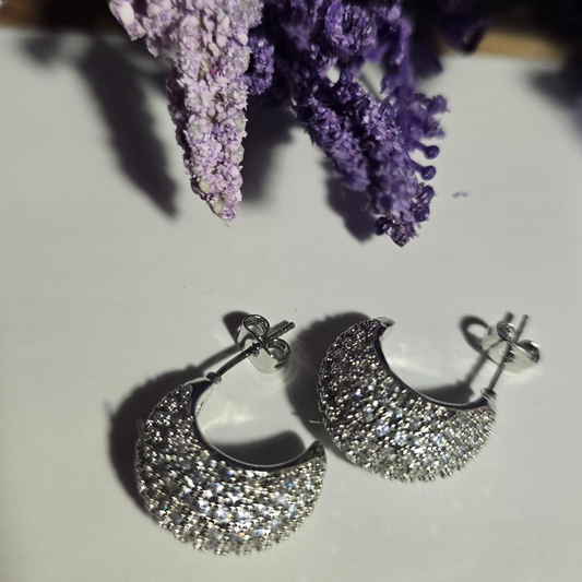 Aretes tipo media luna en acero inoxidable con incrustaciones de circonia brillante, sobre fondo blanco decorado con flores lavanda.

